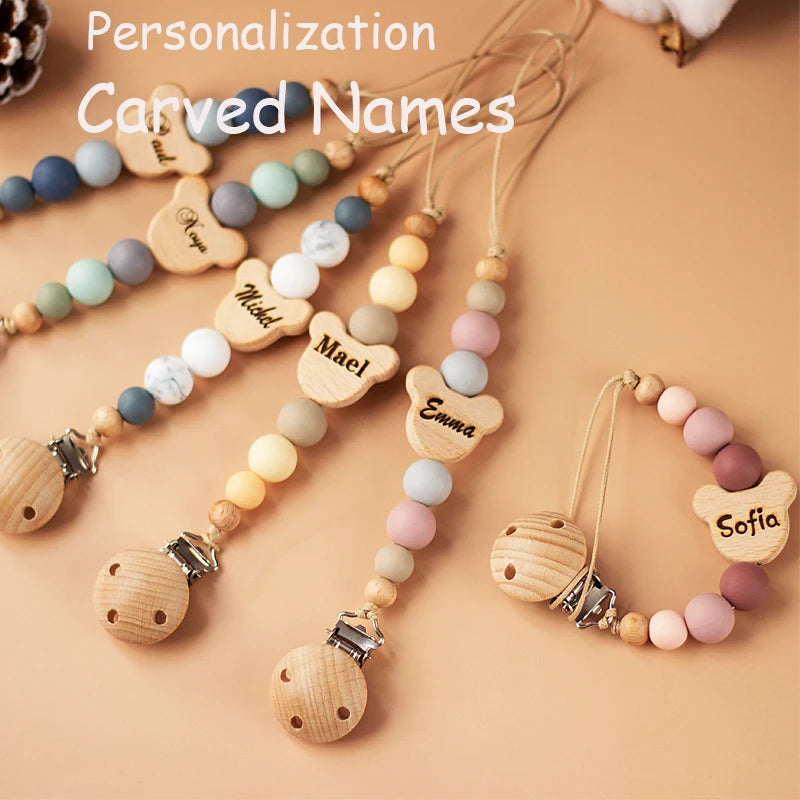 Custom Name Wooden Personalized Baby Pacifier Chain Silicone Bead Dummy Nipple Holder Guard Teether Pendant  Newborn Gift Stuff